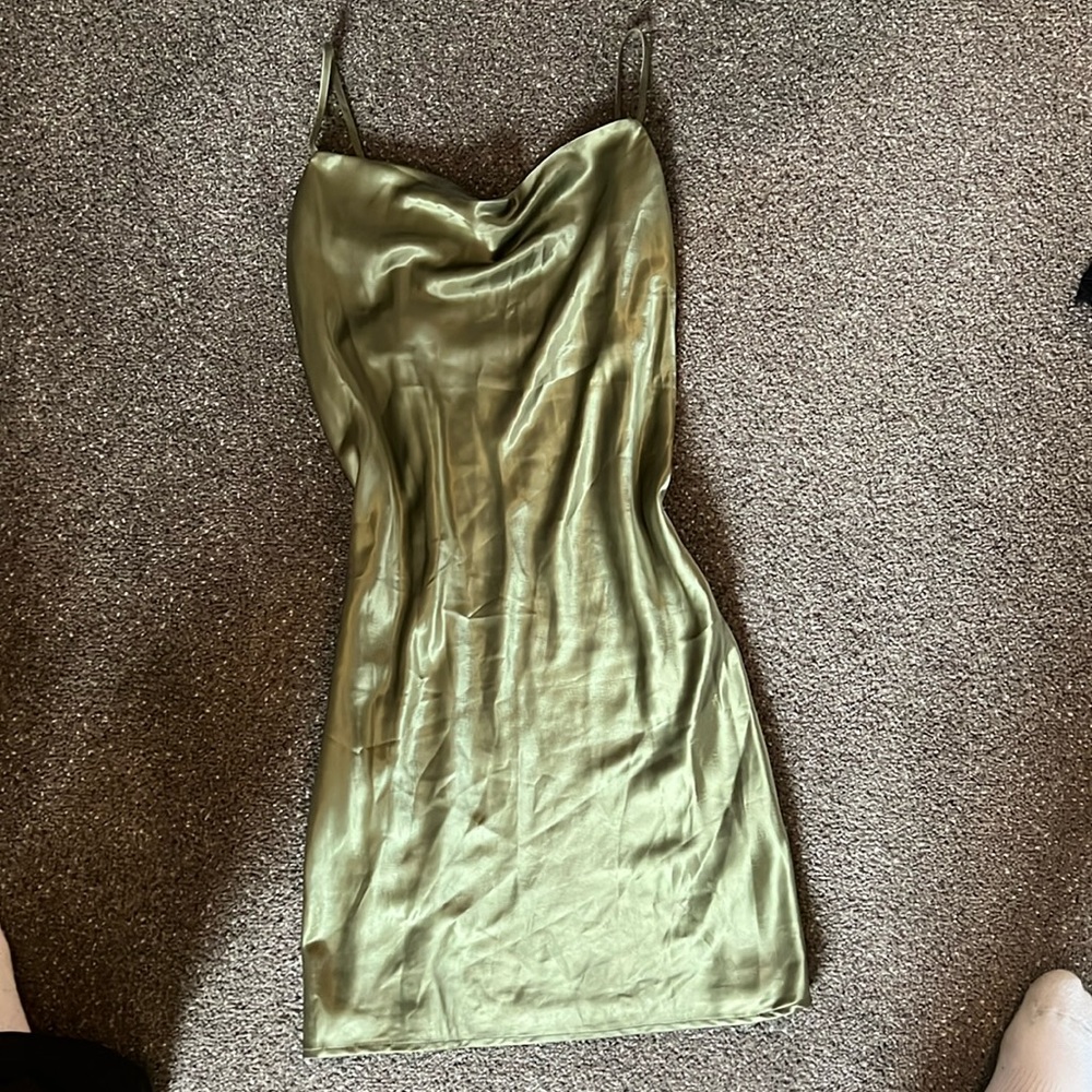Satin mini dress in olive green